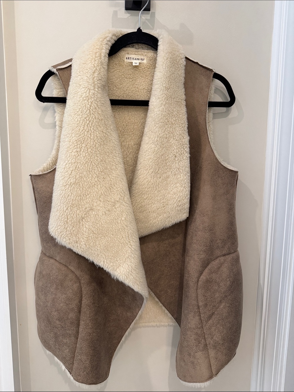 Artisan Ny Taupe Suede-Look Shearling Vest with Cream Lining